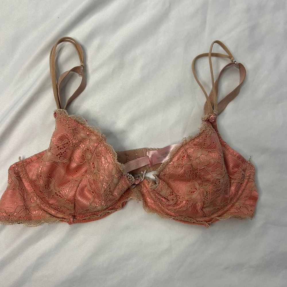 Y2k Sophie B Coral Pink & Tan Lace Bra